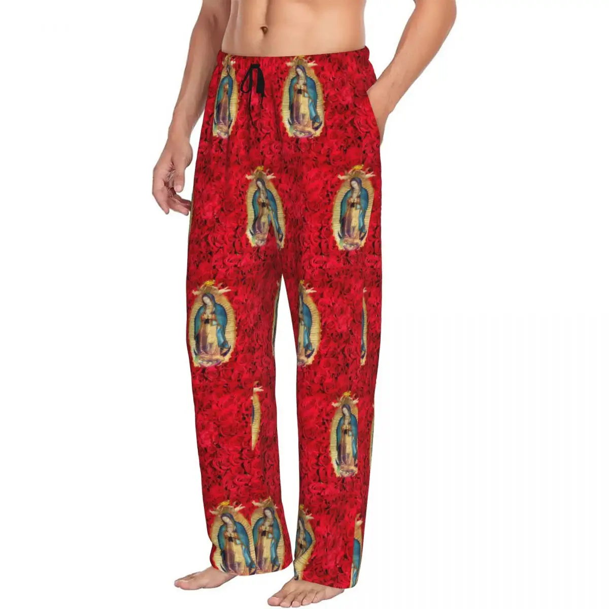 Custom Guadalupe Virgin Mary With Flowers Pajama Pants for Men Catholic Sleepwear Lounge Sleep Bottoms Stretch with Pockets