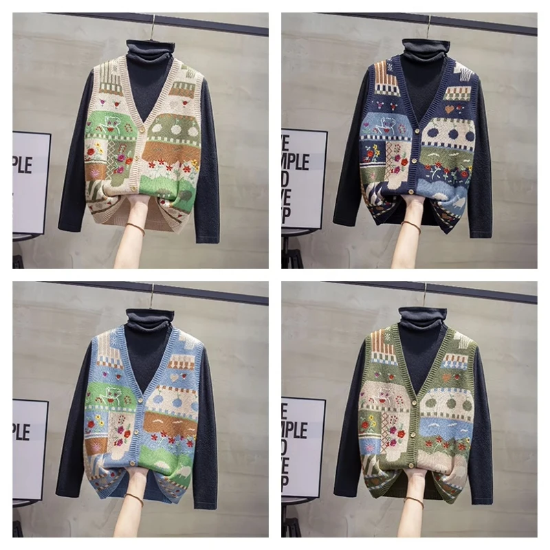 

2025 New V-neck Knitted Cardigan Vest for Women Spring Autumn Cartoon Loose Outer Wear Vest Graffiti Sweater Vest Tide Top