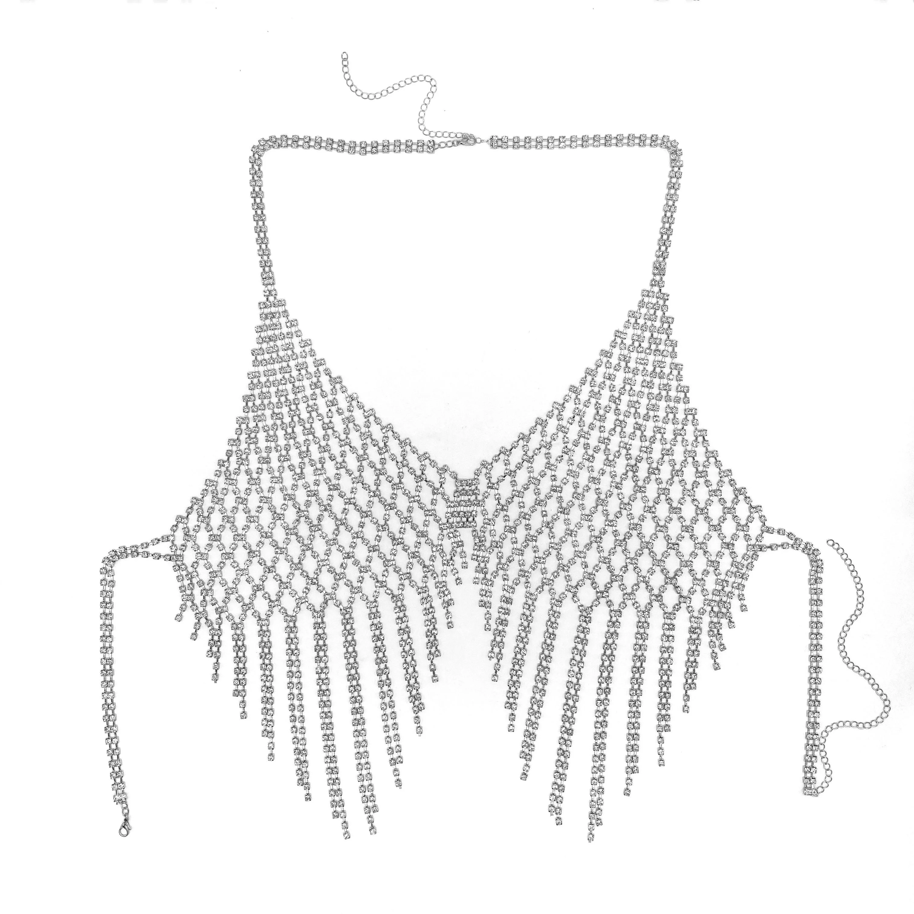 Hot selling accessories in European and American nightclubs, sparkling tassel chest chain, mesh rhinestone body chain