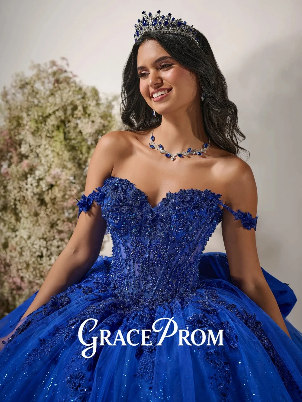 

GraceProm Striking Royal Blue Tulle Off Shoulder Quinceanera Dress Formal Sequin Embellished Birthday Gown Splendid Ball Gown