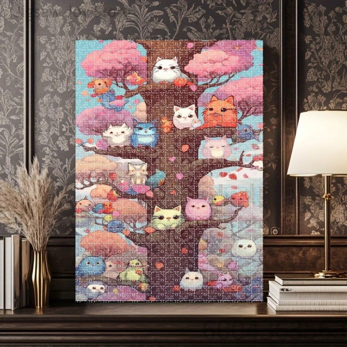 Animal Art Jigsaw Puzzle, Coffee Cat, Blossom Tree Kittens, Vintage Breakfast, Moon Wildflower Sleeping Cat, Home Wall Decor