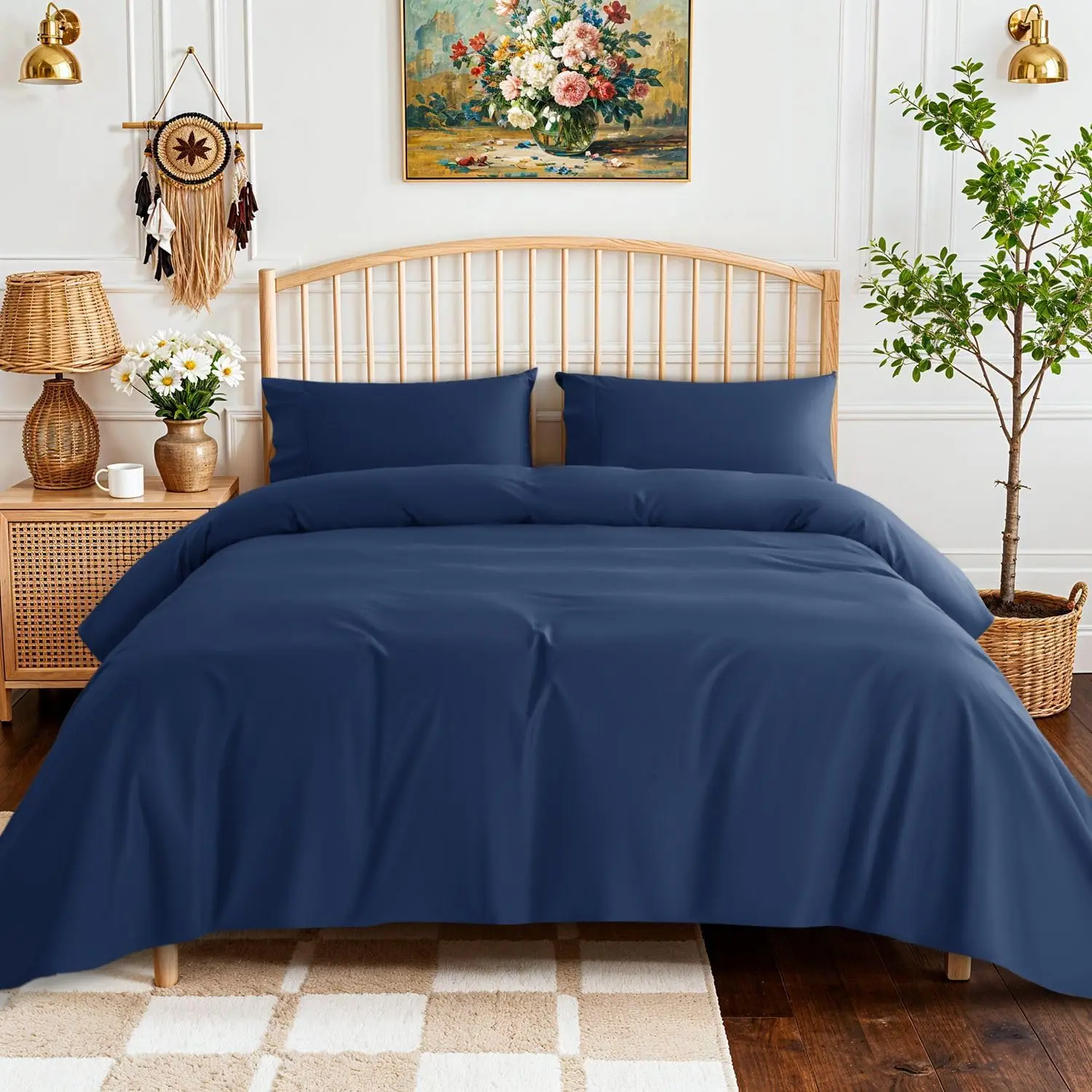 

100% Egyptian Cotton Sheets - 800 Thread Count, Hotel Sateen Weave, Cooling & Breathable, Deep Pocket Queen Set in Navy Blue