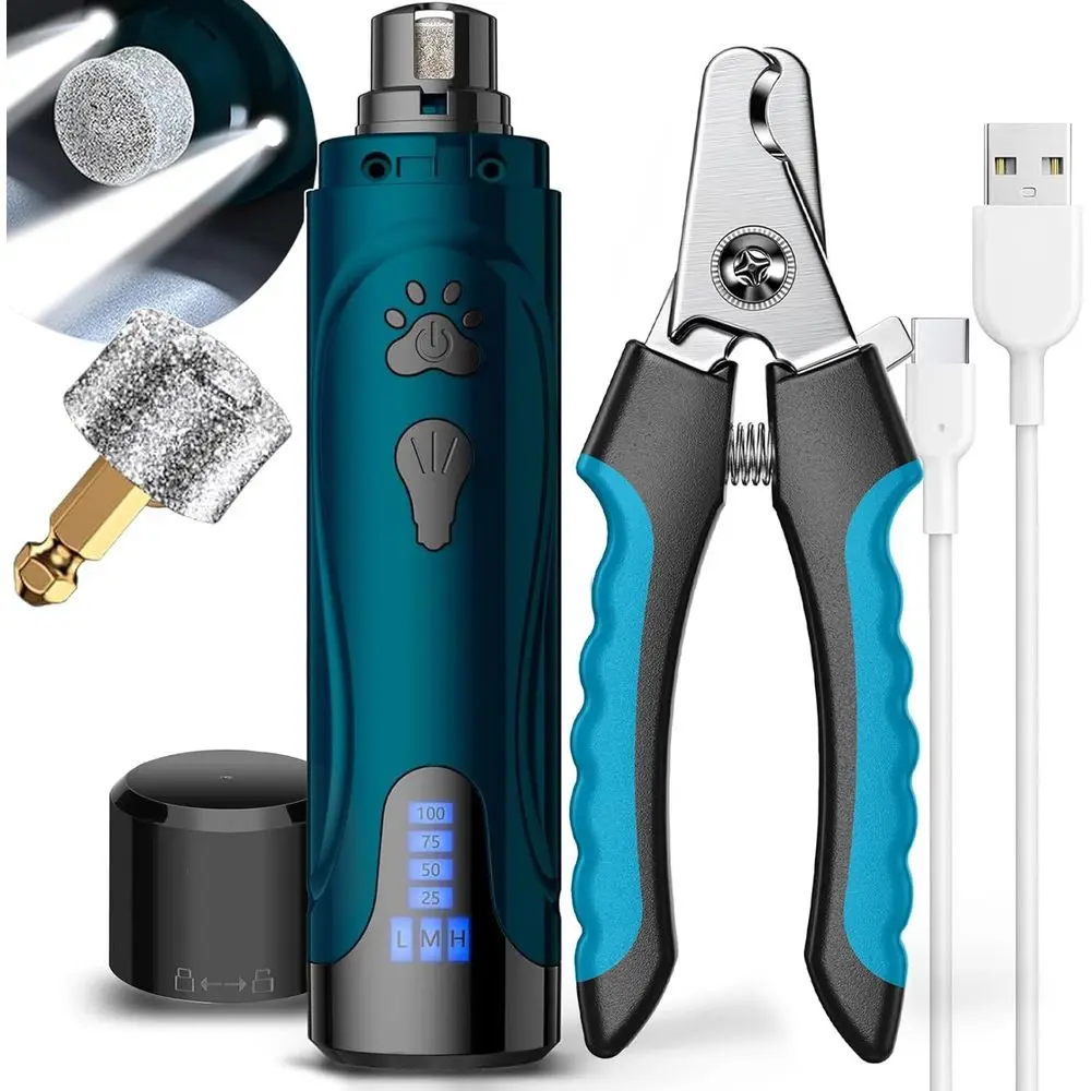 Ultra-Quiet Nail Grinder & Clippers Kit with LED Lights, 3-Speeds, 12,000 RPM, Low Noise for Pets
