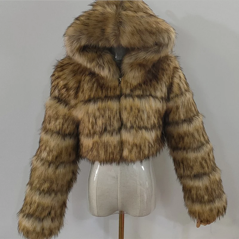 Red Raccoon Fur Coat Winter Furry Cropped Faux Fur Coats and Jackets Women Fluffy Top Coat Hooded Zip Short Fur Jacket Fashion