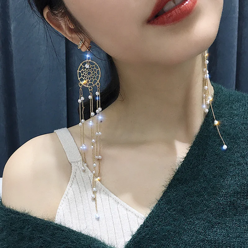 

Retro Court Sle Pearl And Diamond Embedded Tassel Earrings Women's Faion Jewelry for Evening Dres And Parties