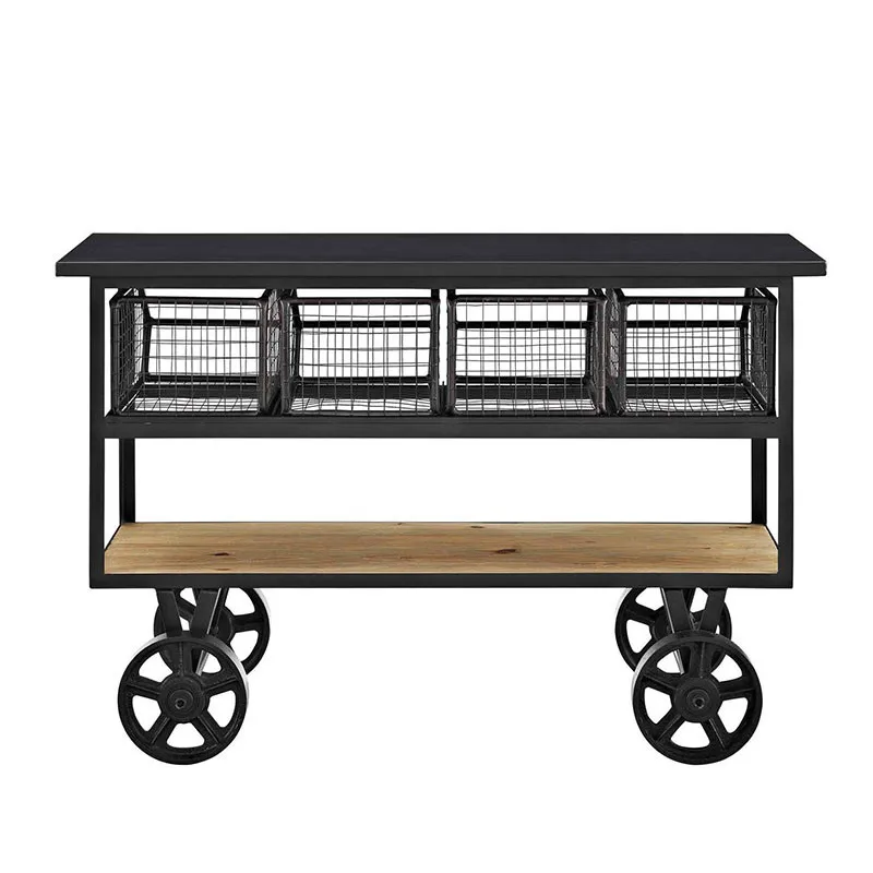 American wrought iron solid wood retro dining car with wheels trolley dining plate collection car wine cart dining side cabinet