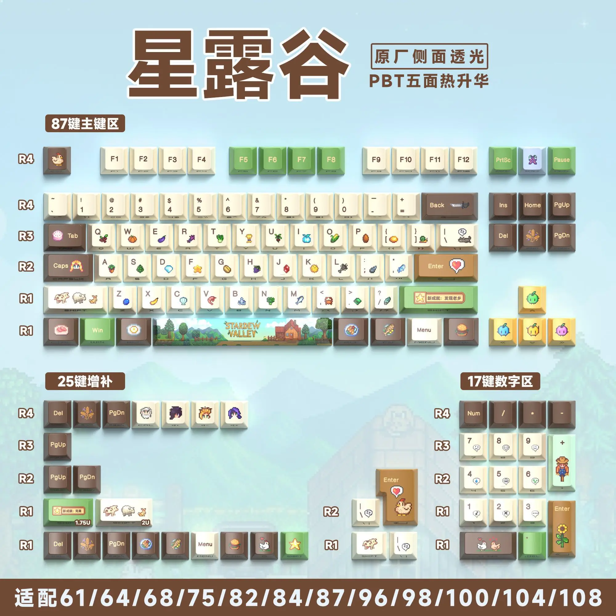 129 Keys Stardew Valley Theme Game Keycaps Side Engraved Translucent Cherry PBT Key Cap for Wooting60He Mechanical Keyboard