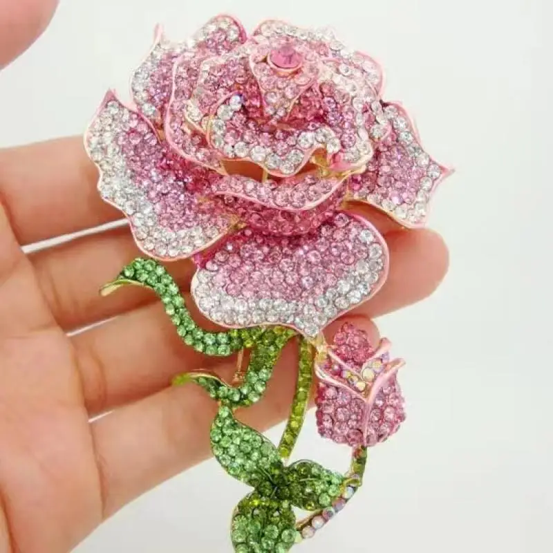 Exquisite Shiny Pink Zircon Crystal Rose Flower Brooch for Women Wedding Outfit Pin Girls Dinner Party Dress Accessories