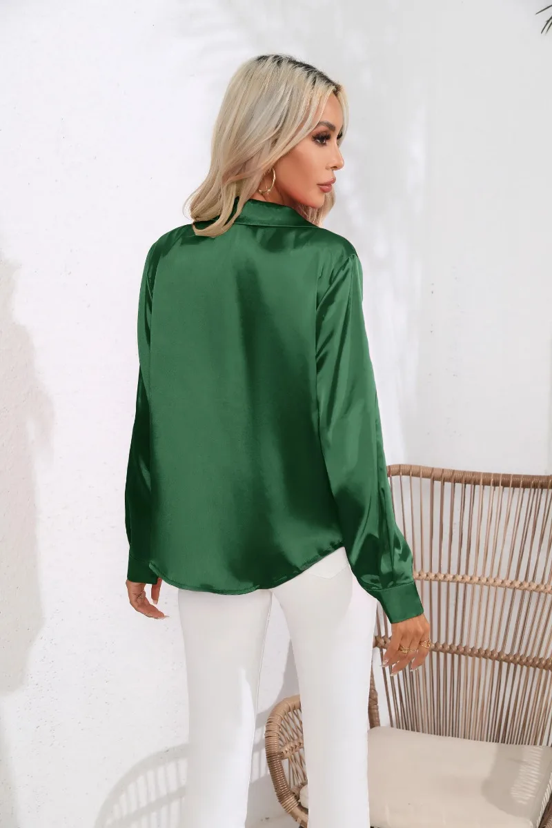 2024 Spring Summer Women Shirts Office Lady Woman Long Sleeve Satin Turn-down Collar Blouse with Single Breasted Female Blouses