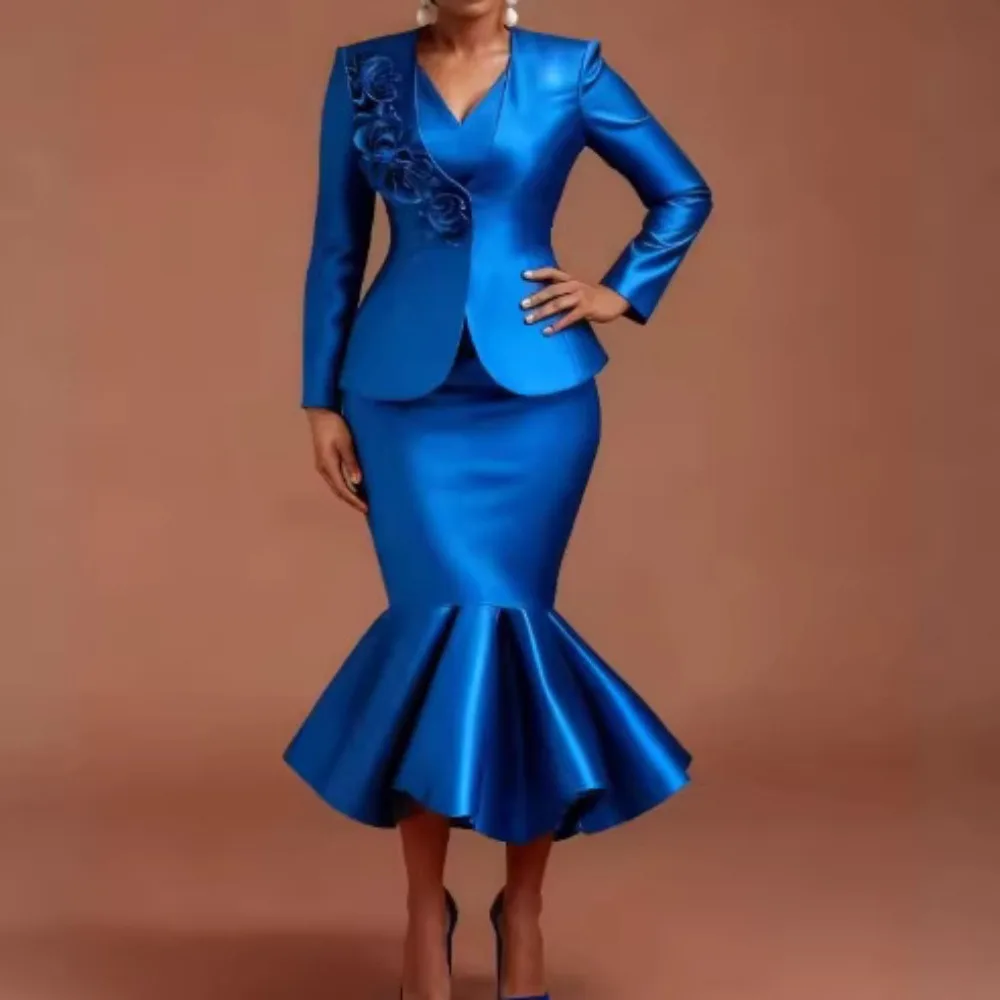 

3D Floral Satin Two Piece Skirt Set for Women's V-neck Fitted Blazer Fishtail Pencil Skirt Two-piece Evening Gown Set 2026