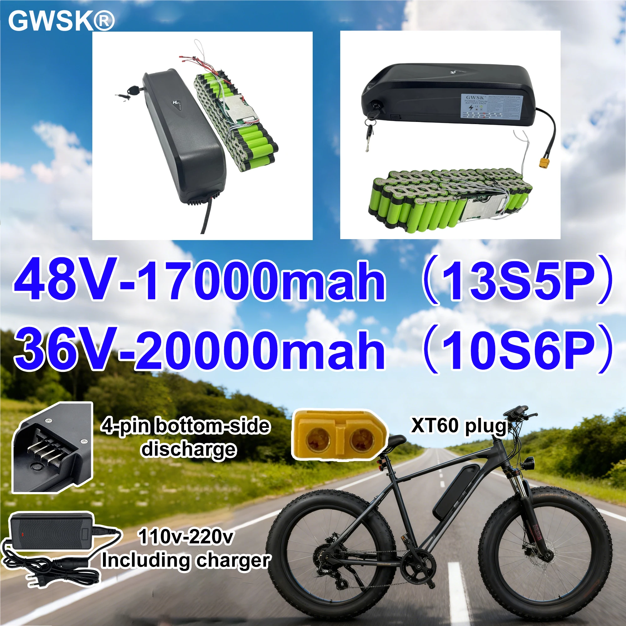 بطارية ليثيوم أيون Hailong 18650 ذات 4 سنون، 48V36V17AH-20AH، + شاحن، سعة حقيقية 100%، تدعم الكشف #1