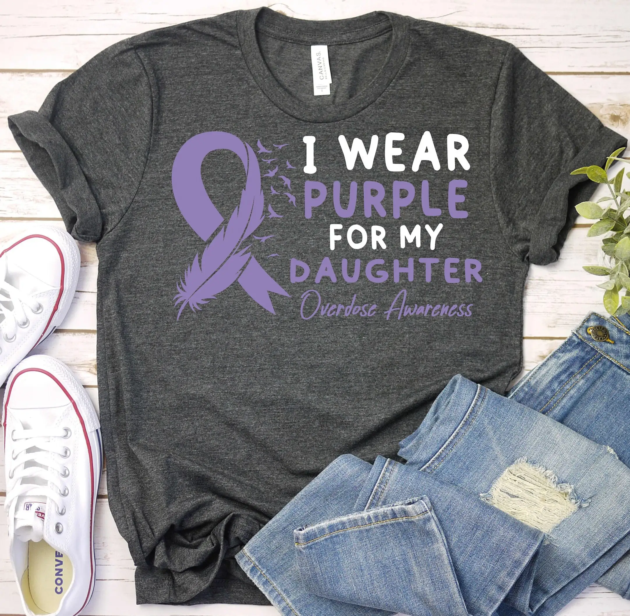 Overdose Awareness T Shirt Purple Ribbon Survivor Drug Prevention Substance Abuse Peer Support