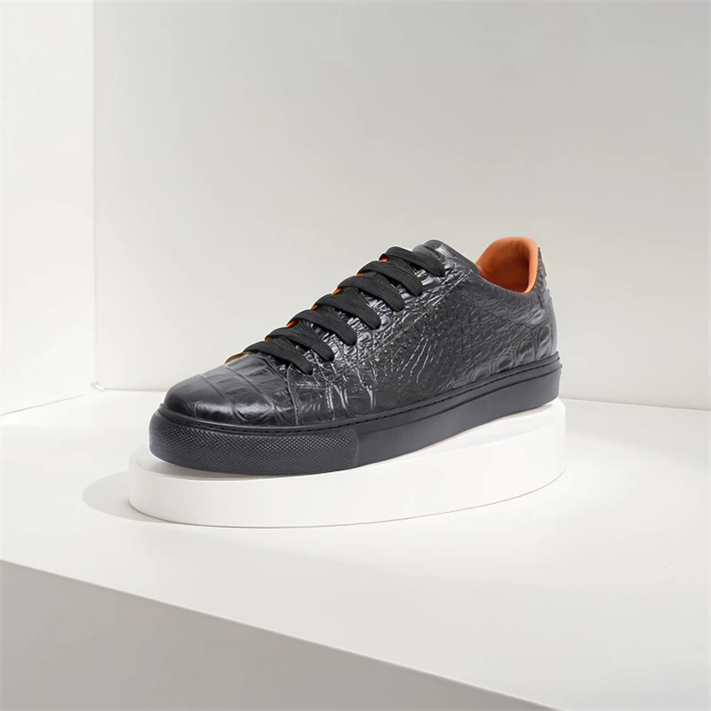 

Black Crocodile Pattern Flats Men's Cow Leather Round Toe Lace-up Low-Top Casual Shoes Luxury Flat Business Sneakers Handmade