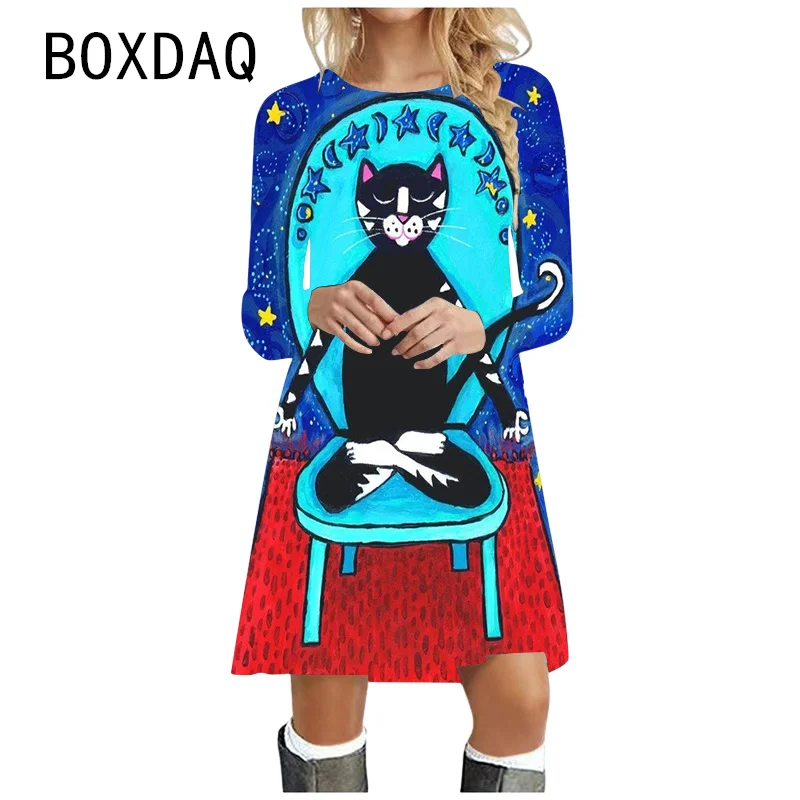 

Fun Abstract Cartoon Cat Print Dress Autumn New Long Sleeve O-Neck Big Size Dress Women Casual Loose A-Line Mini Dress Vestidos