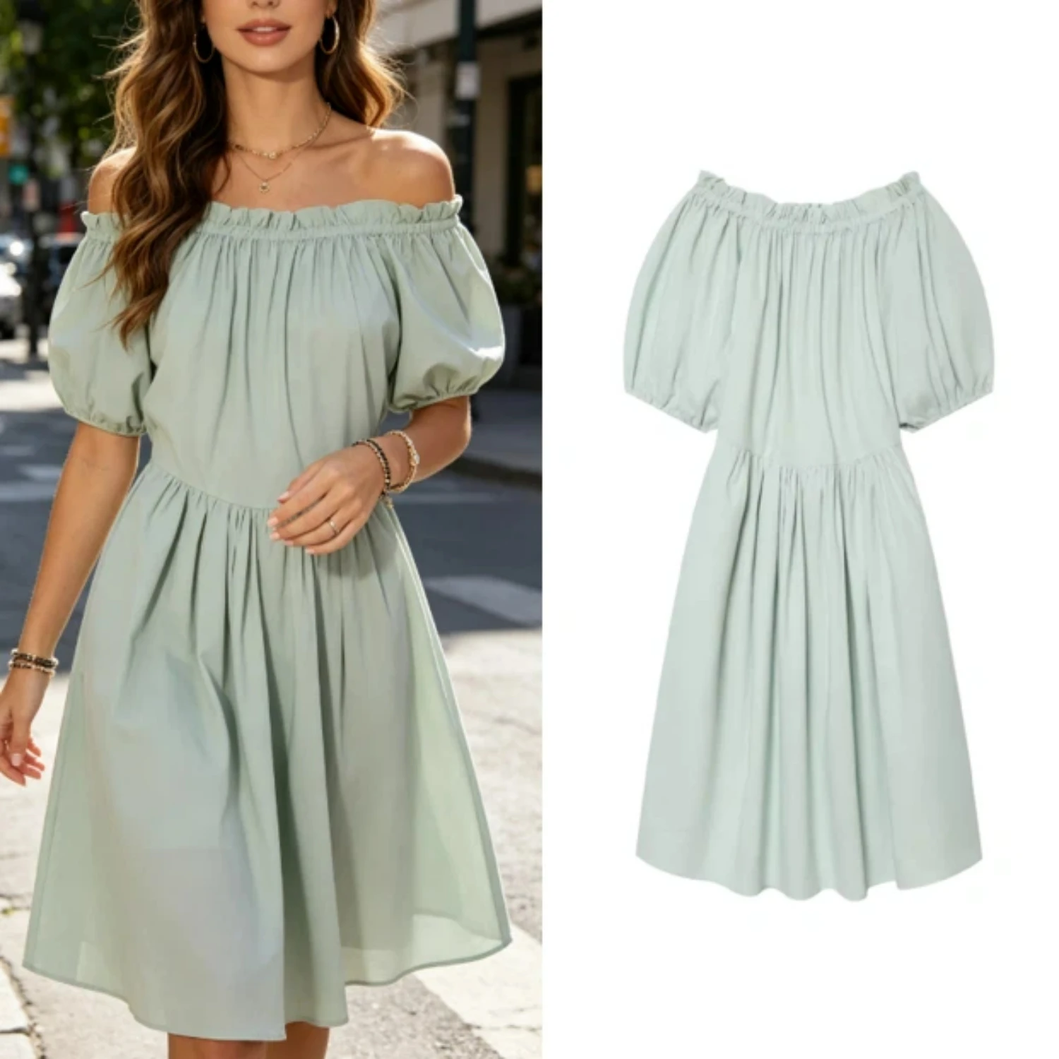 2026 Sommer Damen Off-Shoulder Langes Kleid Hellgrün Kurzarm Plissierte Dekoration Einfaches Urlaubskleid Neuer Stil Mode