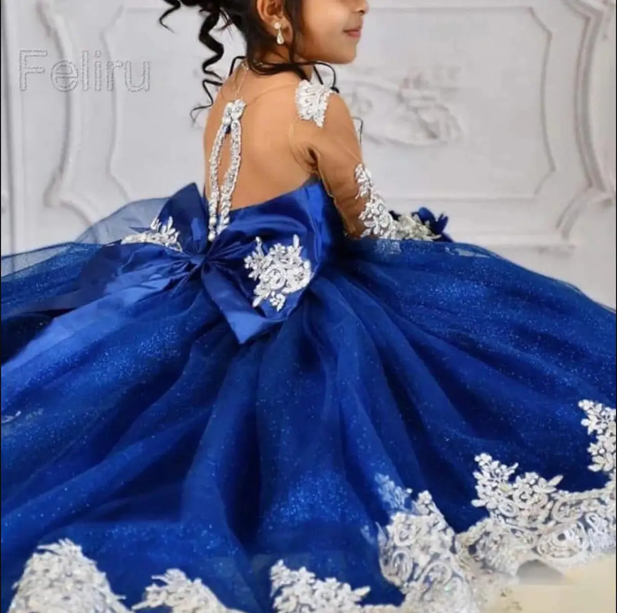 

Luxury Girl Blue Sequined Dress 2-14T Children Formal Pageant Gala Prom Gown Bridesmaid Girl Wedding Costume Graduation Clothes