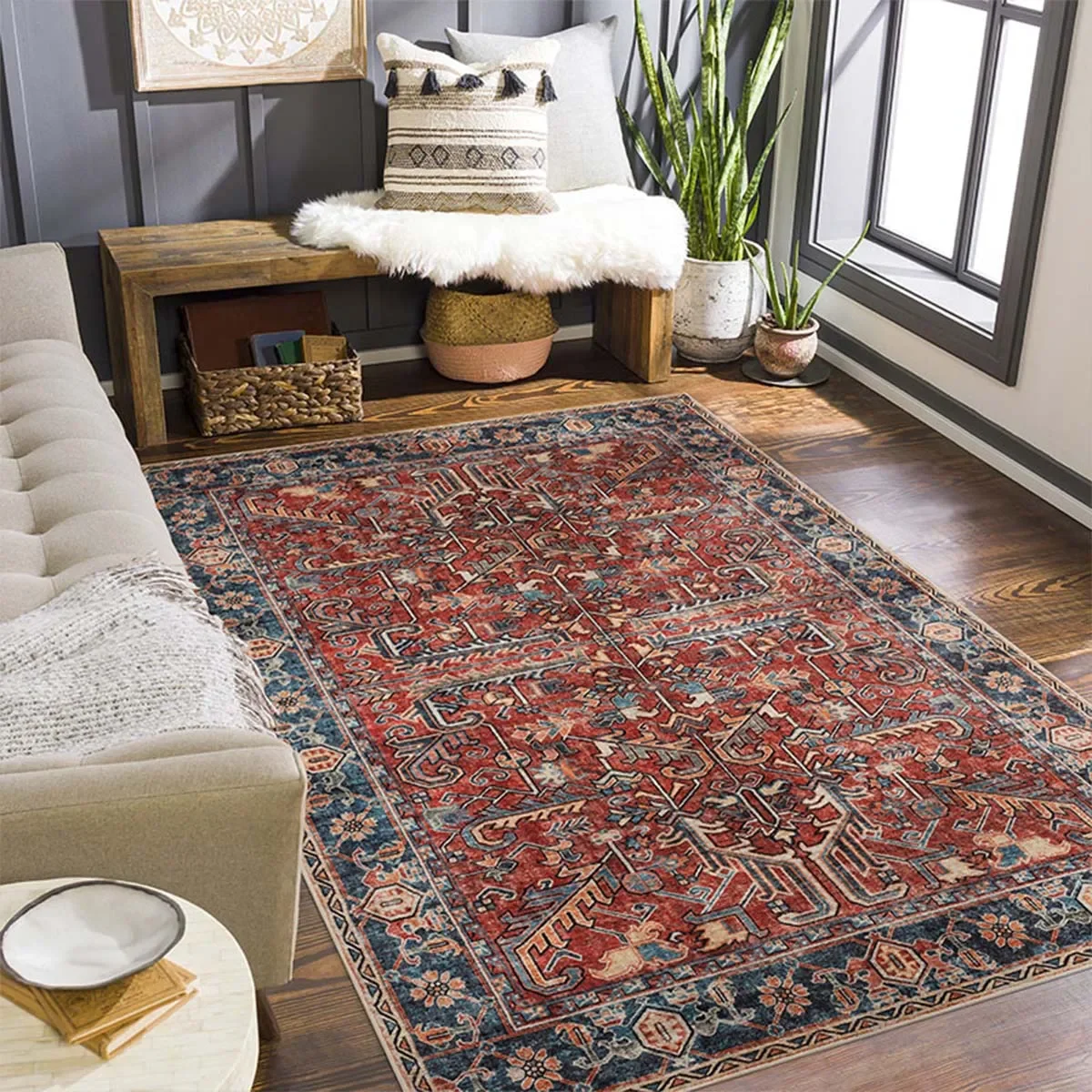 

Living Room Carpet Large Machine Washable Carpets Bedroom Bedside Floor Mat Red American Retro Ethnic Style Home Decoration Rug