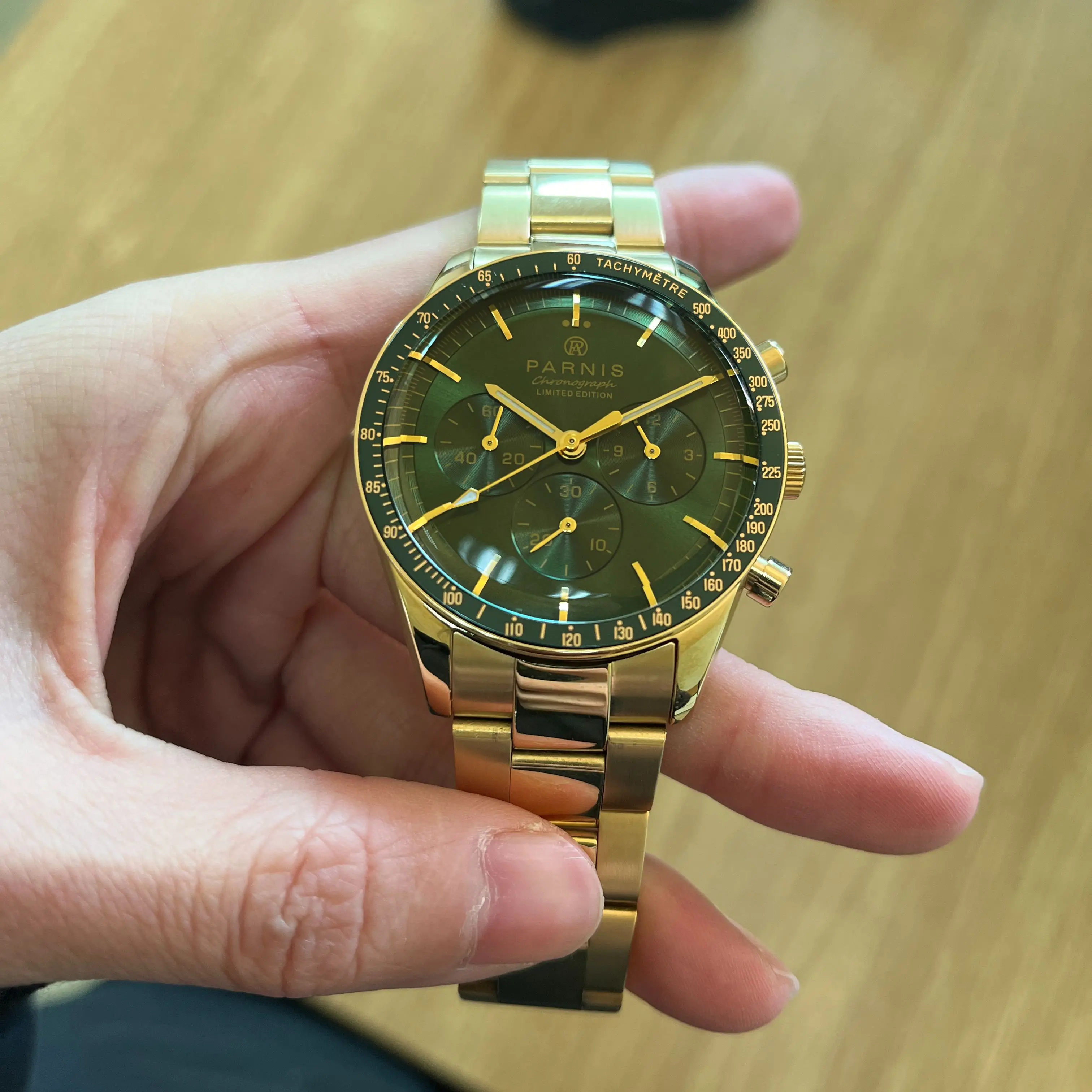 Top Luxury Parnis 40mm Green Dial New Quartz Men\'s Chronograph Gold Watch Stainless Steel Bracelet Men Sports Watches 2023 Gift