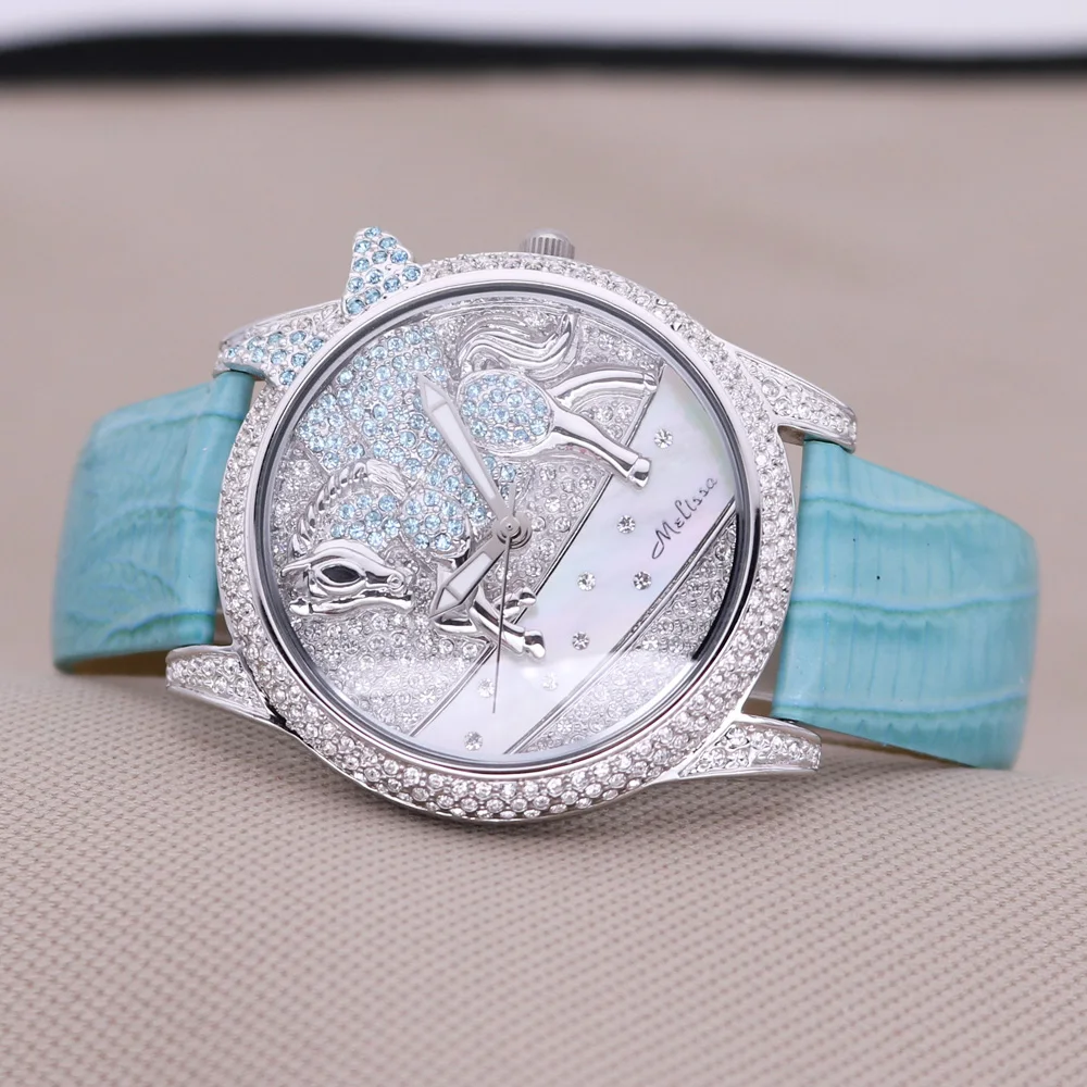 Luxury Unicorn Melissa Women\'s Watch Rhinestone Crystal Fashion Hour Real Leather Bracelet Clock Girl\'s Birthday Gift Box