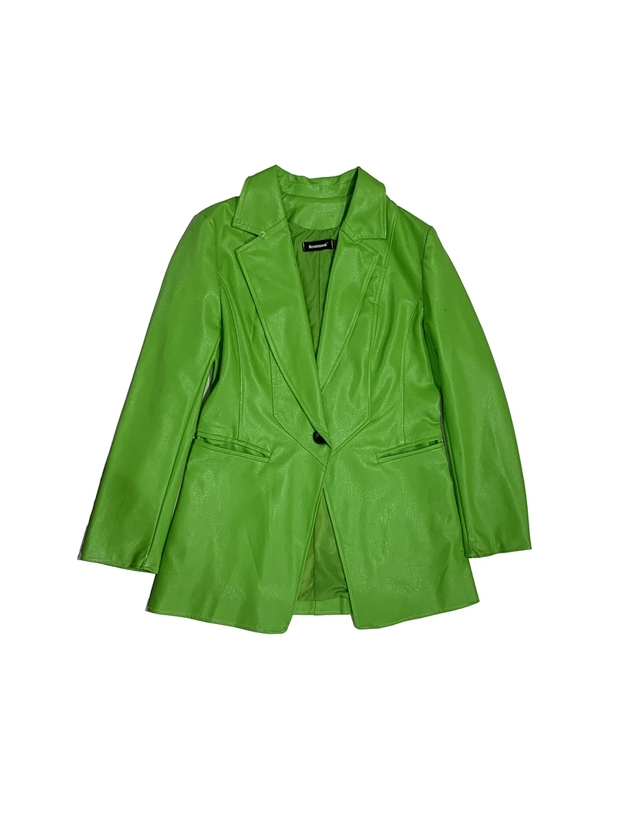 

Mauroicardi Spring Autumn Fitted Bright Green Pu Leather Blazer Women Single Breasted Elegant Chic Luxury Designer Clothes 2025