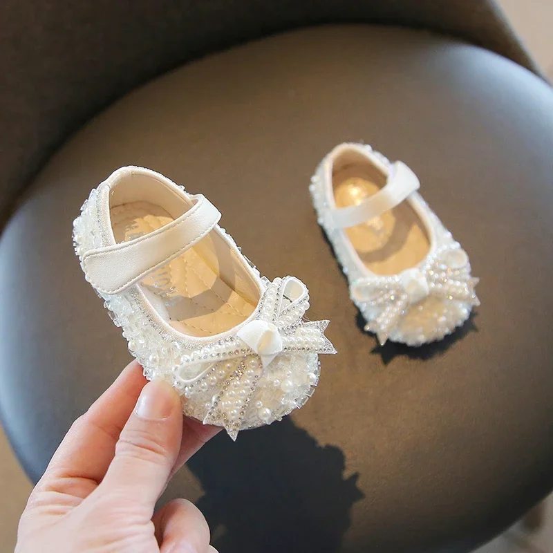 Baby Girls Princess Shoes Non-slip Soft Sole Kids Walking Shoes Sweet Bows 2025 New Girls Flat Shoes Round Toes Hook&loop Trendy