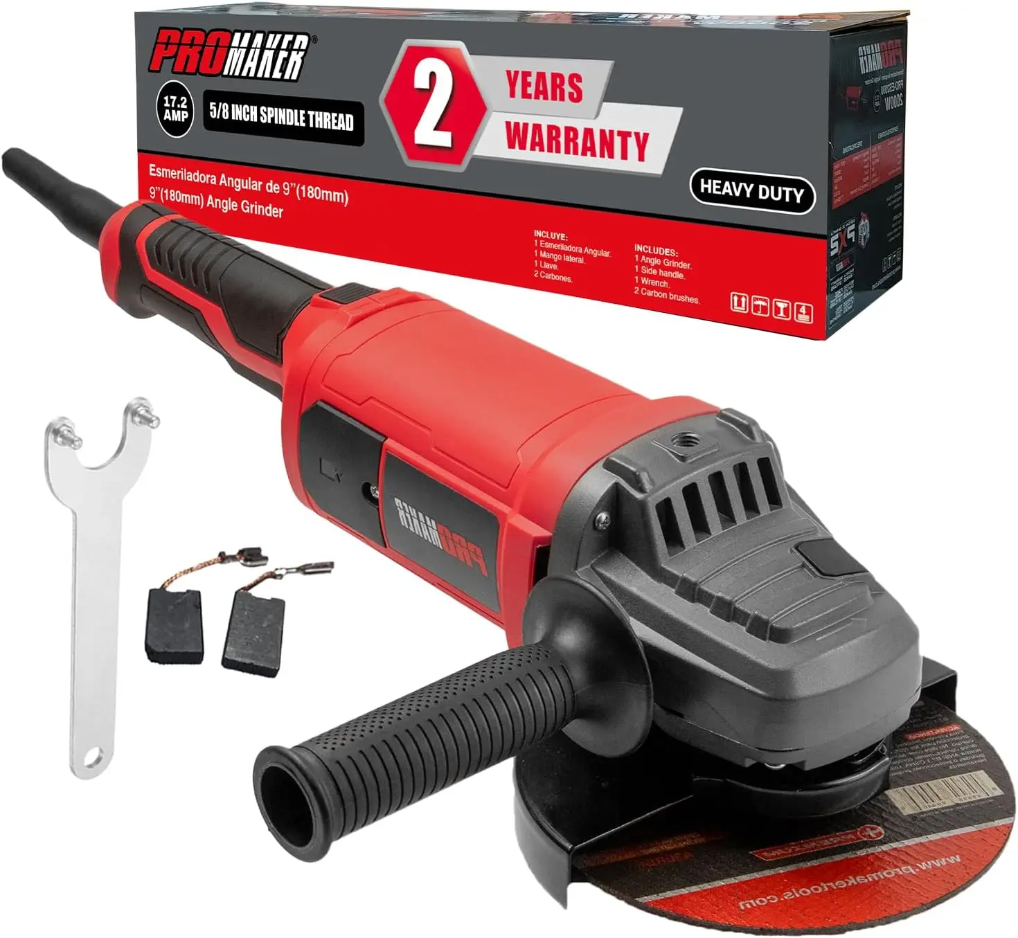 

9" Heavy Duty Angle Grinder 17.2A 6300RPM Metal Concrete Cutter with 3-Position Handle & 2 Carbon Brushes