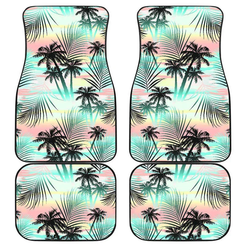 Pastel Palm Tree Pattern Print Front and Back Car Floor Mats Heavy Carpet Front and Rear Full Set 4PCs Pack