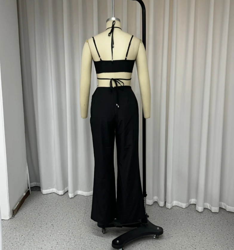 Women's Summer Pants Set with Suspender Short Sexy Sleeveless Cross Vest and Wide Leg Hollow Out Pants Solid Color Two-Piece Set