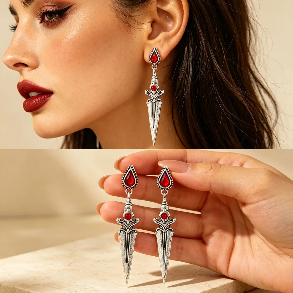 Women Men Punk Sword Gothic Piercing Earrings Crystal Ear Jacket Dagger Stud Vintage Party Present Gift