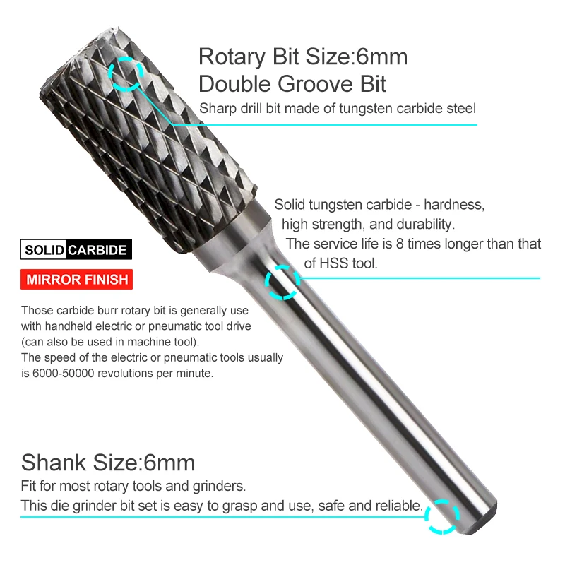 CMCP 6Mm Shankทังสเตนคาร์ไบด์Rotary Burrเส้นผ่านศูนย์กลาง10มม.Double Cutโรตารี่สำหรับDremel Rotary Aeecssoriesเครื่องมือ