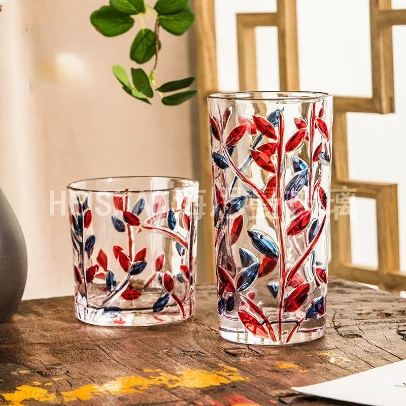 1pcs Creative Hand-painted Branches Crystal Glasses Carved Water Cups Ins Embossed Colored Leaf Cup Simple Juice Cups