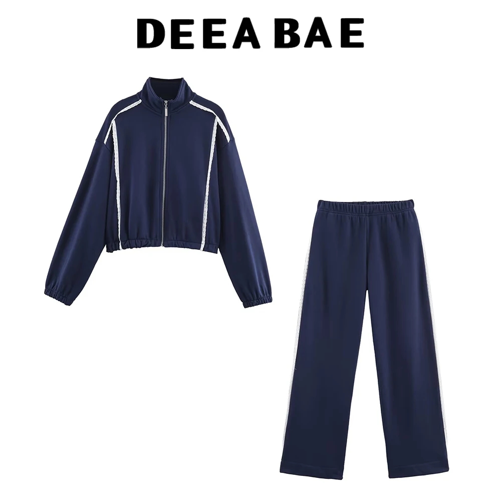 DEEABAE Produk Baru Musim Gugur Setelan Wanita Kerah Tinggi Lengan Panjang Kontras Kerah Tinggi Hoodie Longgar Celana Kaki Lebar