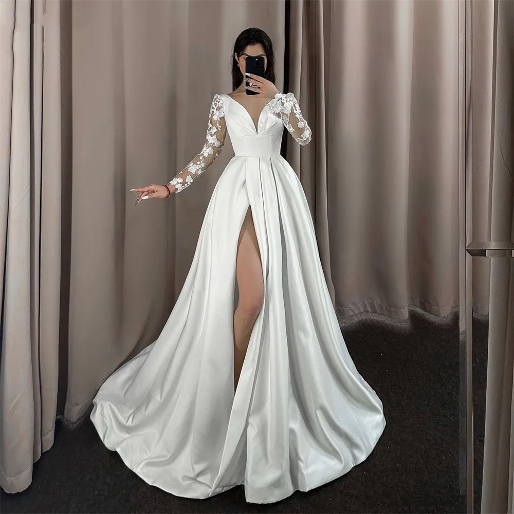 

Elegant Lace Long Sleeves Wedding Dresses 2024 A Line High Side Slit Pleats Satin Bridal Gowns For Bride V Neck Robe De Mariée