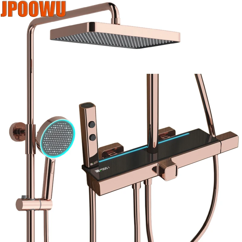 

Rose Gold Rain Shower Mixer Bathroom LED Digital Atmosphere Shower System Bathtub Wall Mount SPA Rainfall Hot Cold Shower Set