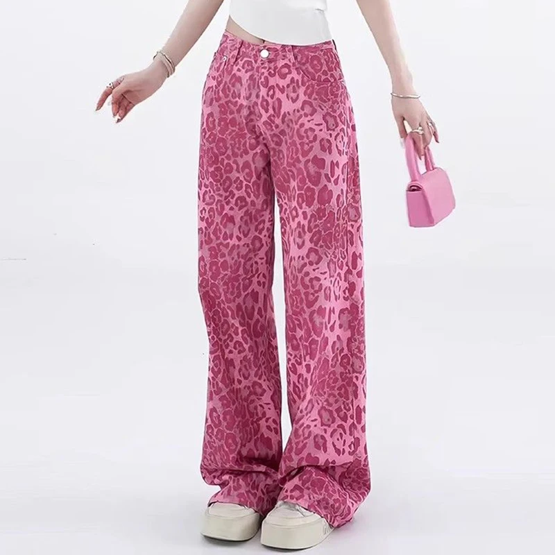 

Women Chic Pink Leopard Print Jeans Female New Designer High Waist Casual Pants Girls Fashion Streetwear Denim Trousers