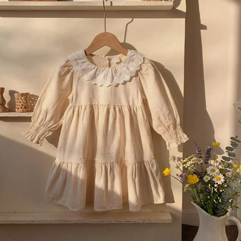 2026 Autumn Korean Version Children's Clothing Lotus Leaf Lace Collar Sweet Children's Cotton Dress with Cake Skirt