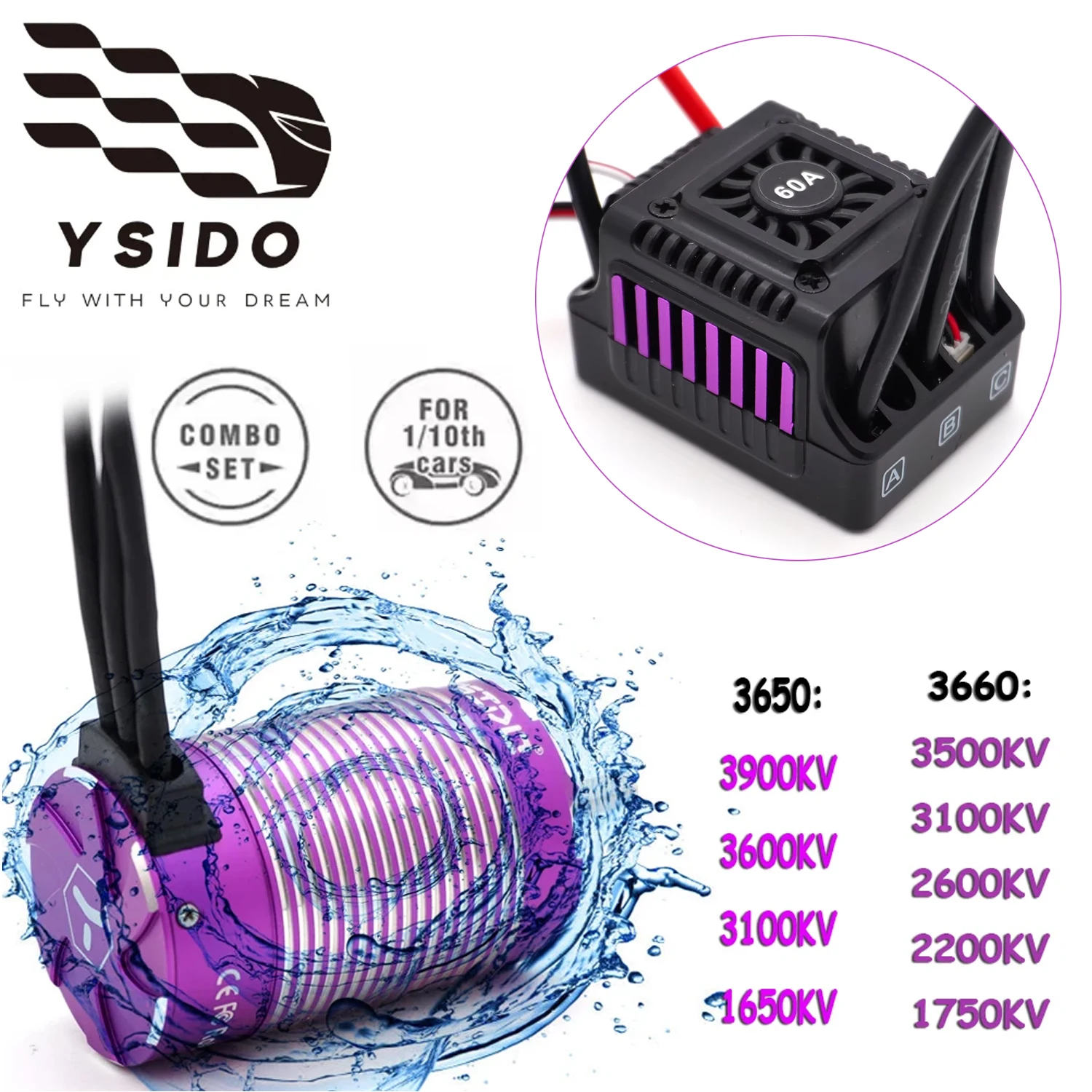 

YSIDO 3650 3660 Brushless Motor 60A ESC Combo 3.175/5.0mm Shaft For 1/10 1/8 Tamiya Traxxas Wltoys RC Racing Off-Road Truck Car