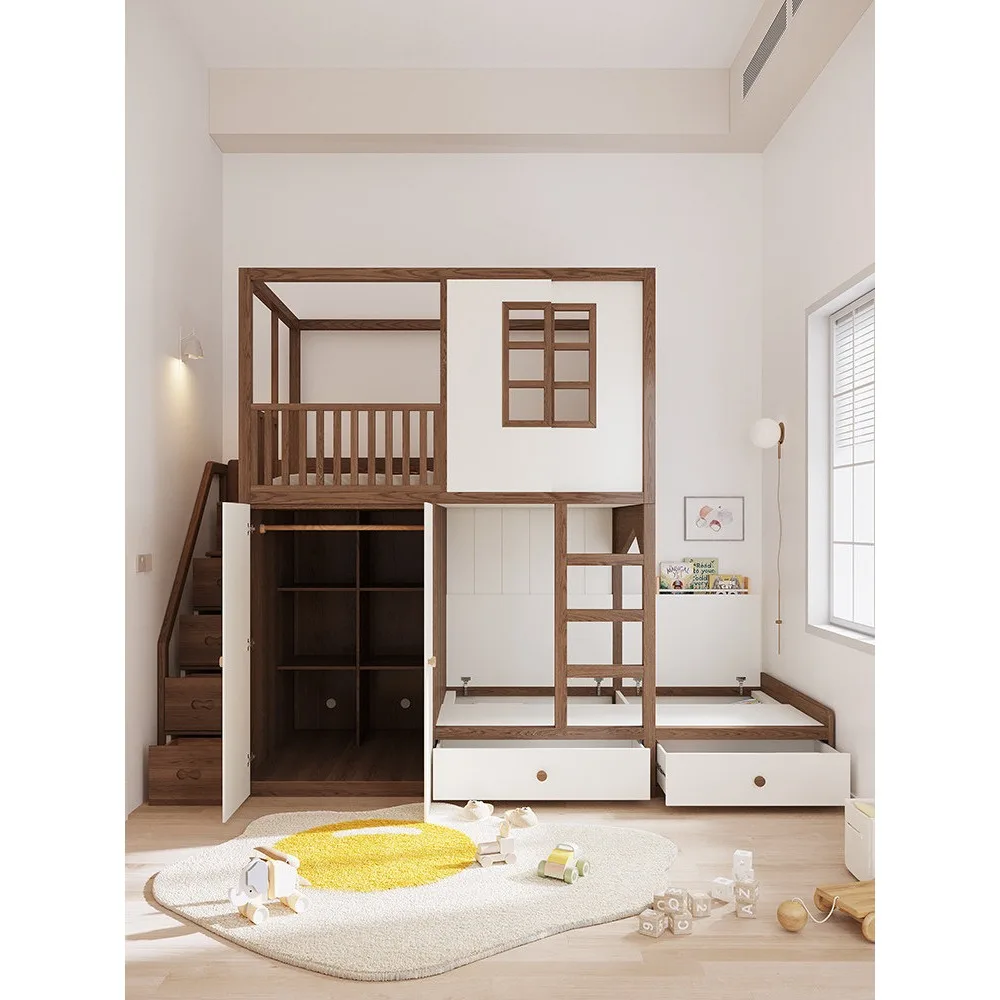 Factory Direct 2026 Staggered Solid Wood Treehouse Bunk Bed, Kids Bed with Wardrobe & Storage, Loft Bed with Under-Bed Cabinet