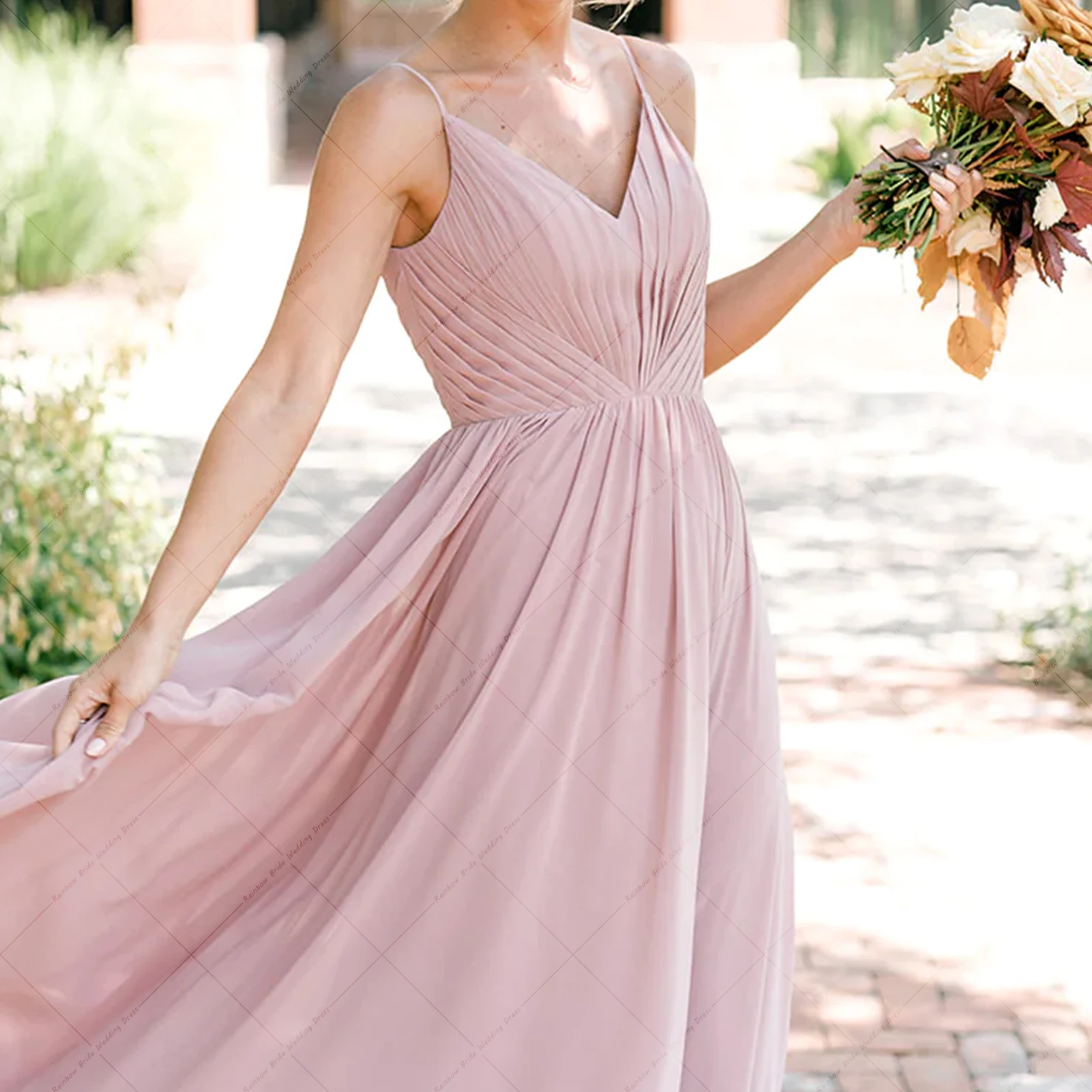 Vestido de fiesta de boda de línea a de gasa elegante, volantes simples, cuello en V, vestidos de dama de Honor con cremallera, tirantes finos, vestido de dama de Honor