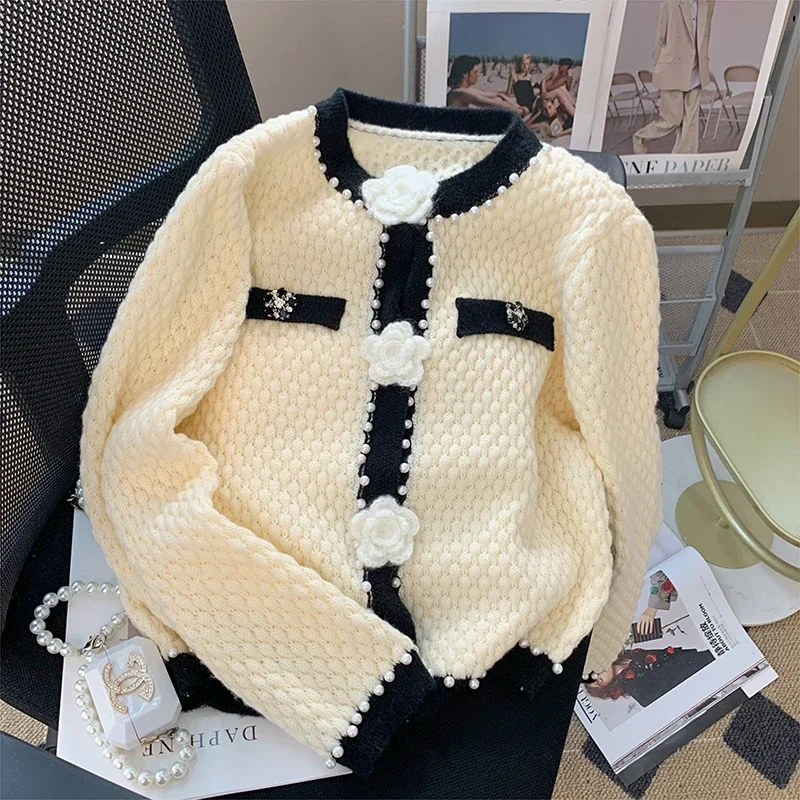 Кардиган женский, свитера с круглым вырезом и пуговицами из бисера, корейский стиль, контрастный цвет, с длинным рукавом, осенняя элегантная мода, темперамент