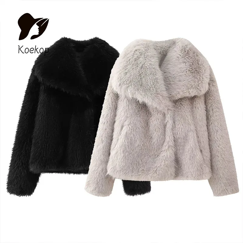 Koekop Women's Jacket New in Outerwears White Red Gray Black Wool Blends Coats Woman Autumn Winter Faux Fur Coat Plush Fluffy
