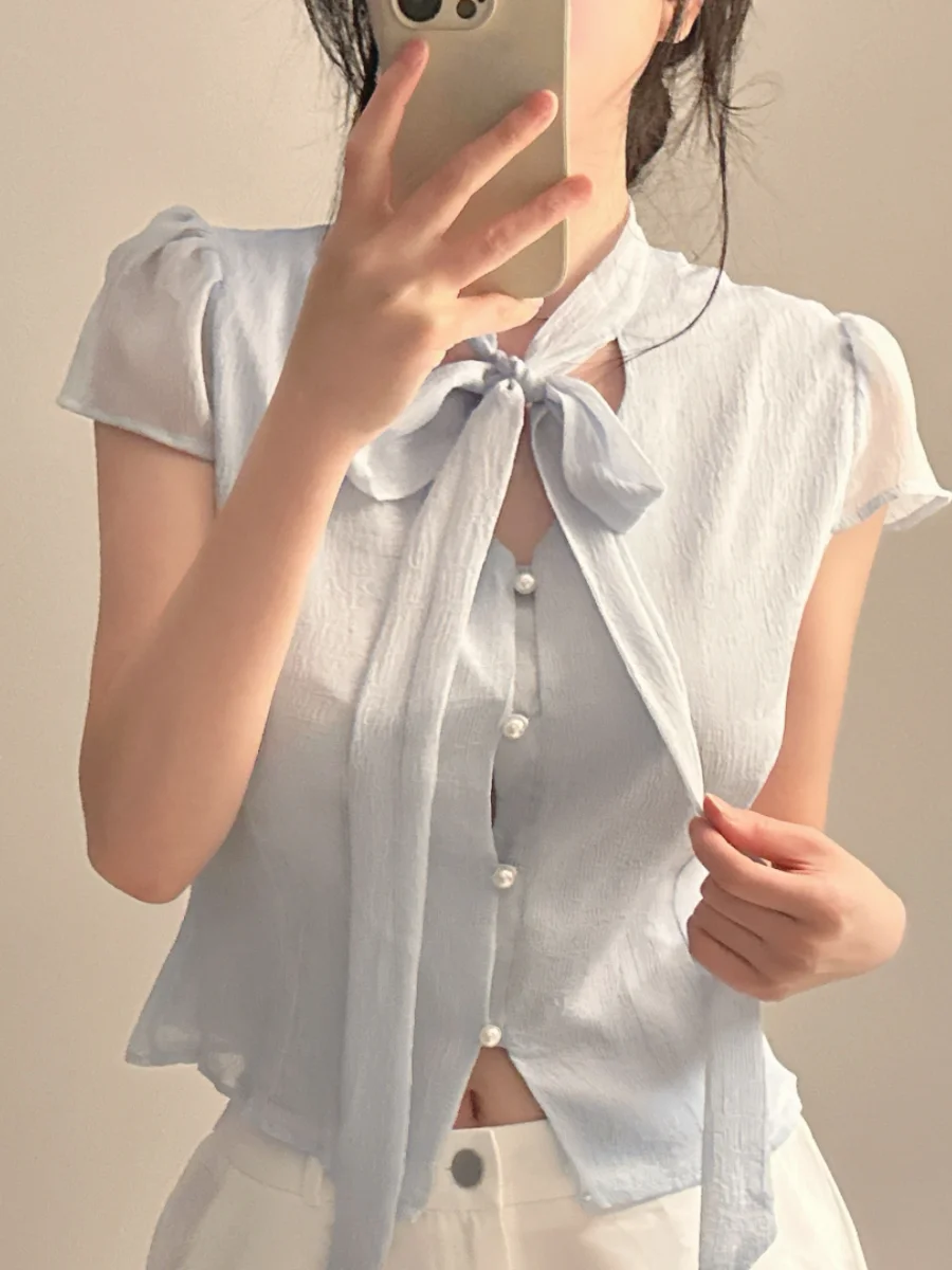 

Ele Knot irt Women's Chic Pearl Button Top ort Sve Slimming Draped Commute Sle Pure Color Summer irt