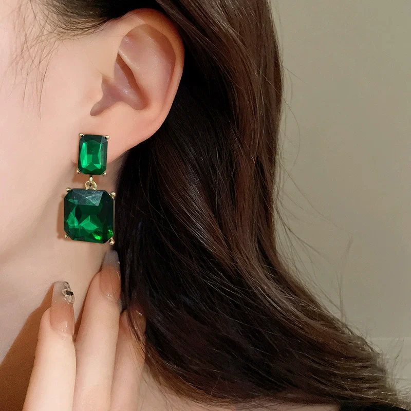 Geometry Square Dangle Earrings for Women Party Fashion Jewelry Green Rectangle Rhinestones Drop Earrings Accessories Wholesale