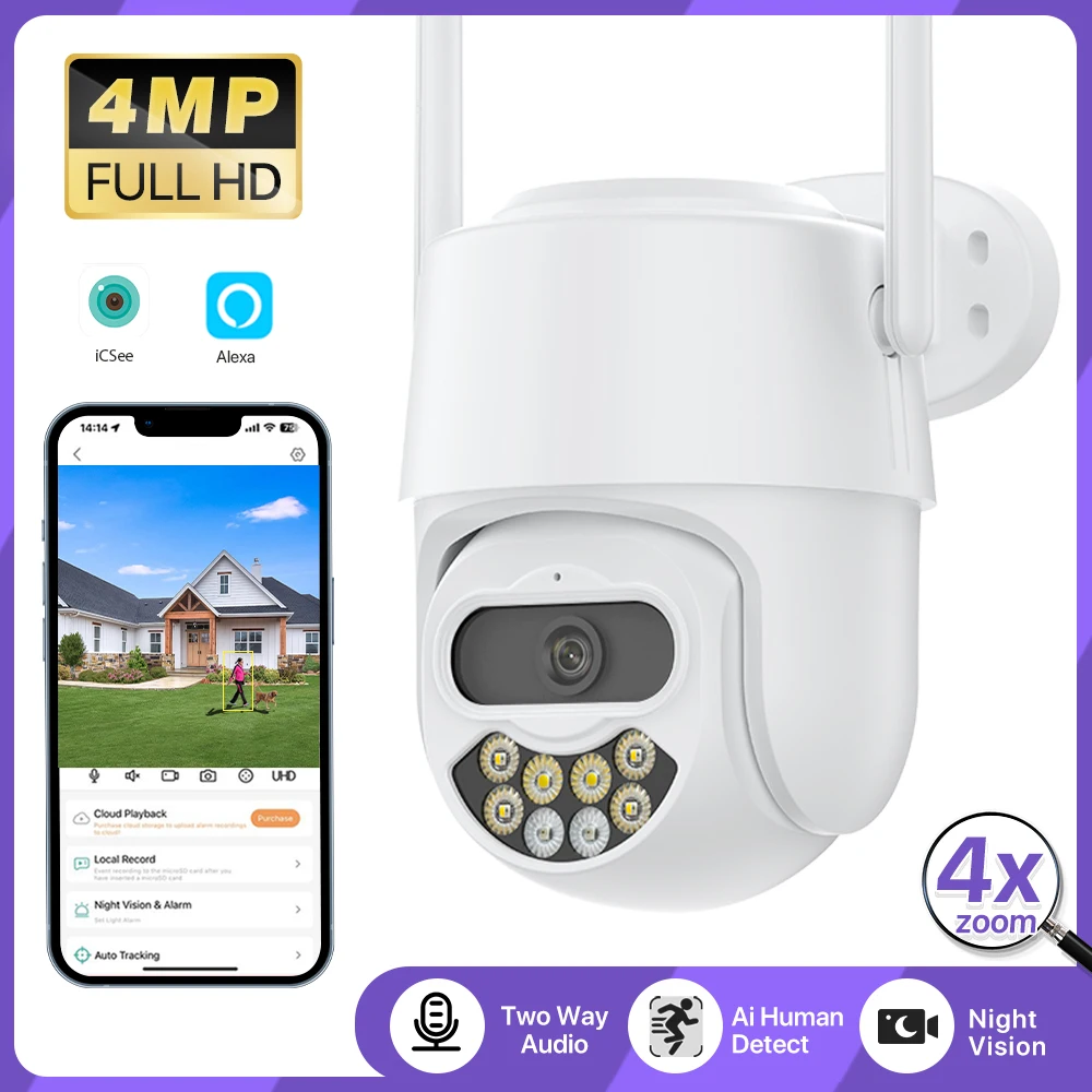 

4-мегапиксельная HD PTZ-камера, Wi-Fi, наружная камера безопасности, 1080P, AI-отслеживание, водонепроницаемая IP-камера, Onvif, видеонаблюдение iCsee