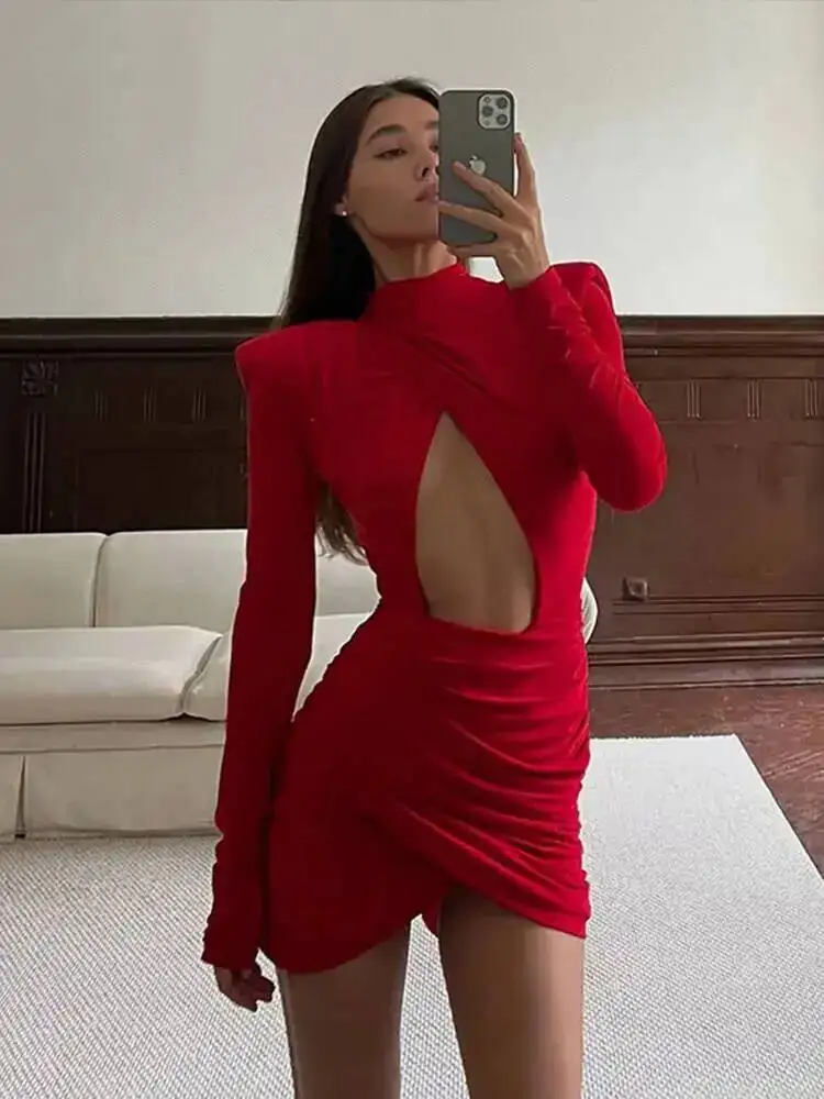 Vestido Mini Sexy con Aberturas y Pliegues para Mujer, Cuello Semialto, Manga Larga, Ajustado con Hombreras, Vestido Corto para Fiesta y Club 1YW5