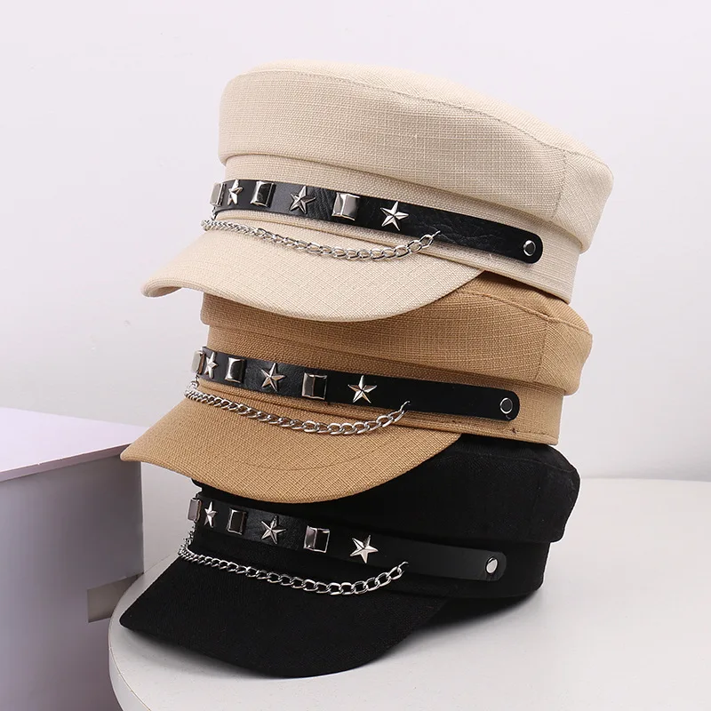 Immagine 3: Cappelli da Capitano Stile Militare Retrò con Emblema Ancora in Metallo, Catena a Stella e Rivetti, Accessorio per Feste a Tema