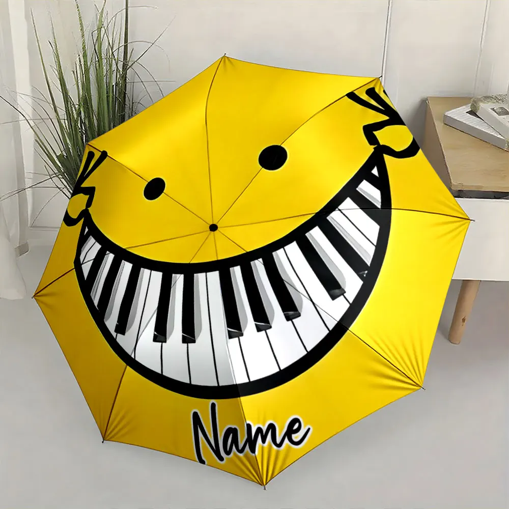 Custom Name Smiley Face Umbrella with Piano Design in Yellow Print 8 Iron Ribs Folding Umbrella, Auto-Open Fashion Sunshade