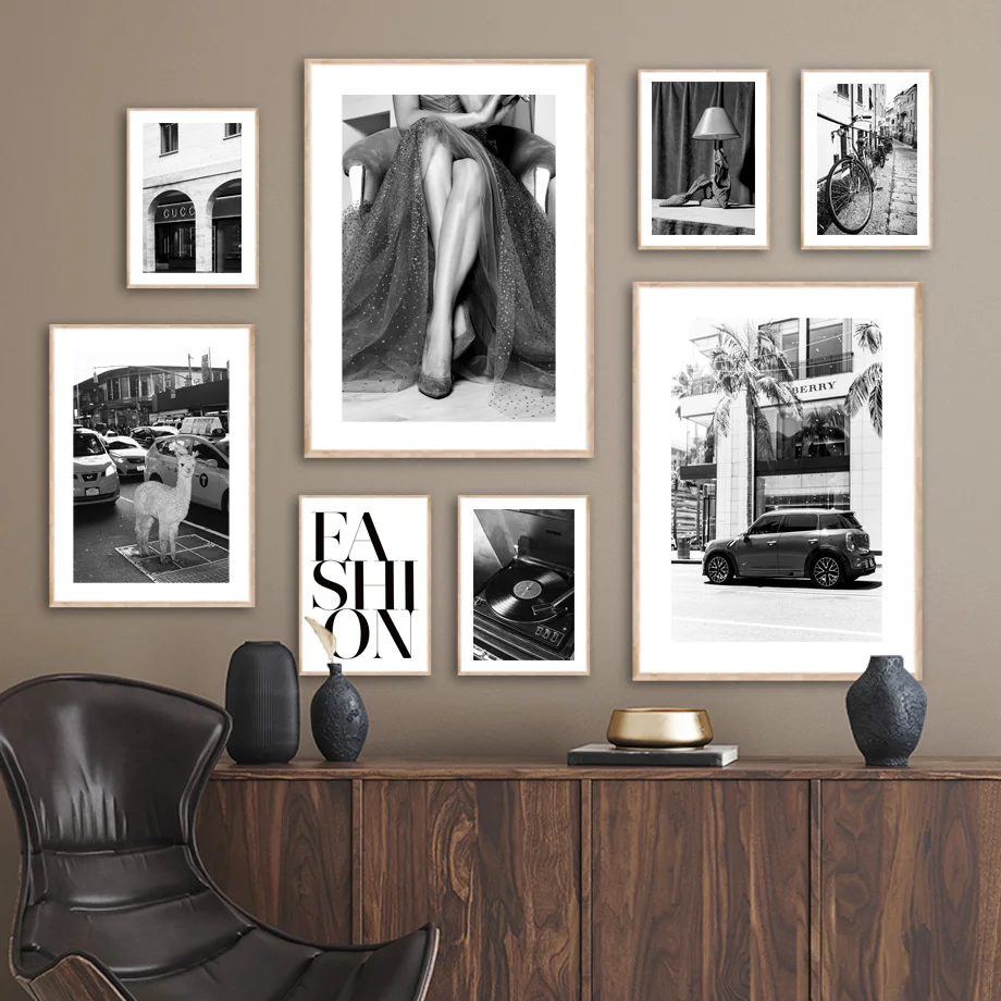 Black White Fashion Cars Bikes High Heels Wall Art Canvas Painting Nordic Posters and Prints Wall Pictures for Living Room Decor