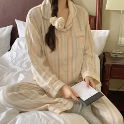 Striped Sleepwear Women Pajama Sets Korean Piiama Autumn Pants Sets for Women 2 Pieces Button Night Wears Long Sleeve Home Suit