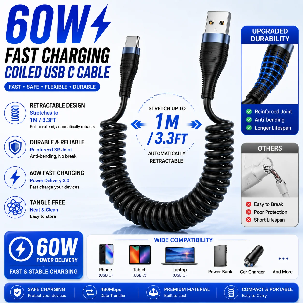 Coiled Usb Cable - Zicore 60W Coiled USB C Cable